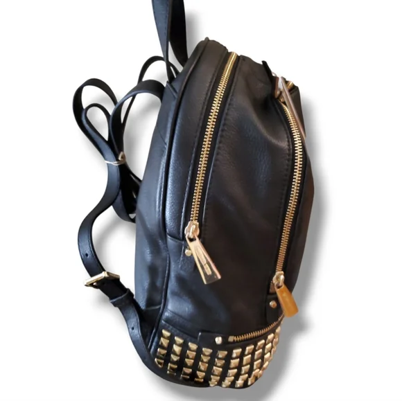 MICHAEL KORS Rhea Medium Black Studded Pebbled Leather Gold Details Backpack - Picture 10 of 17